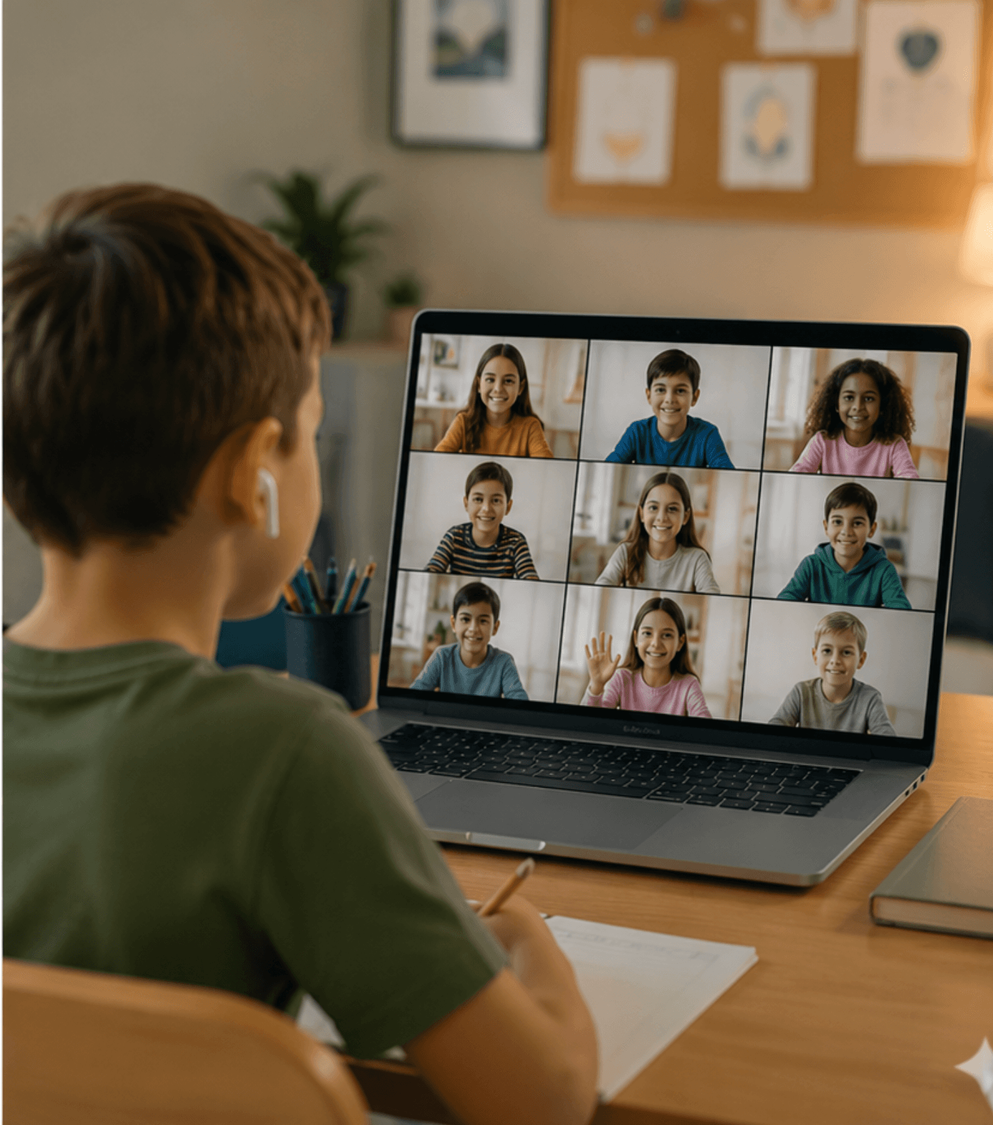 A boy at home laptop in a small-group online video call with eight other children