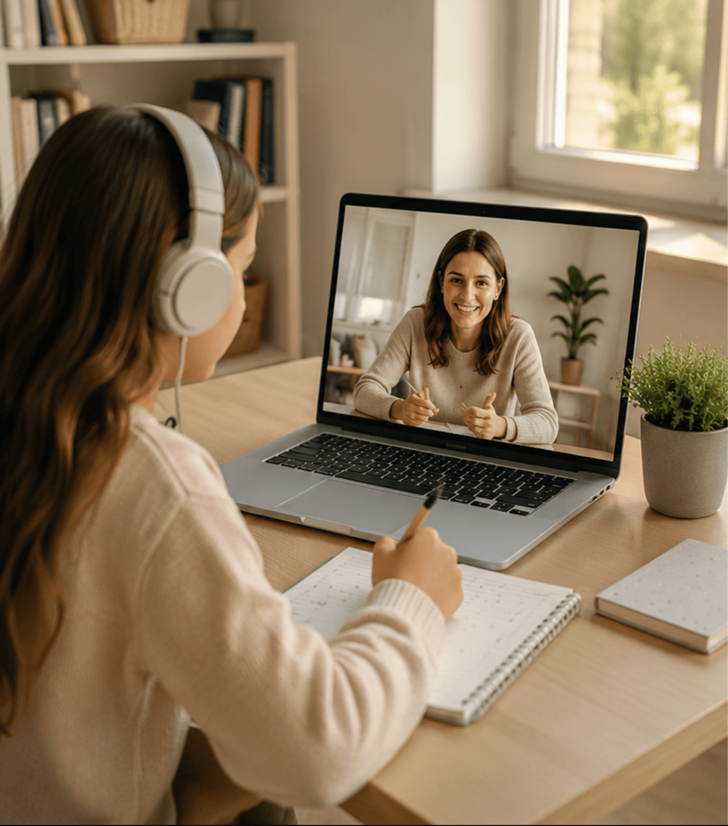 A student wearing headphones in a one-on-one online coaching session with Manisha